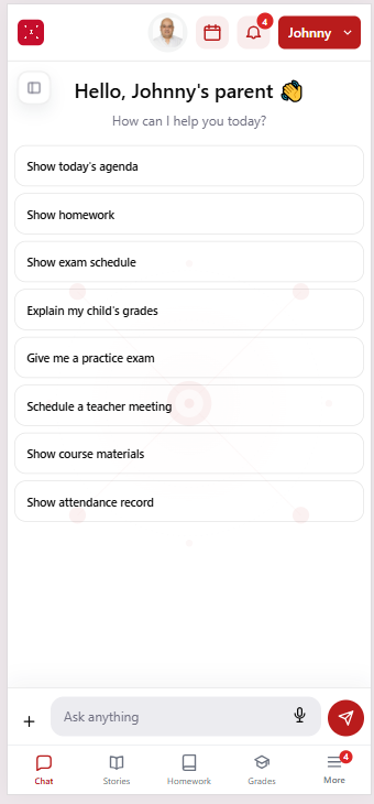 Noora mobile AI chat assistant with quick prompts for a student's day, homework, exams, grades, course materials and attendance